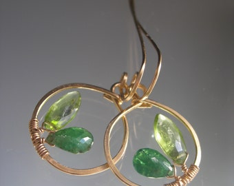 Peridot Emerald Hoops Small 14k Gold Filled Front Facing Hoops w/ Green Gemstones Artisan Handmade