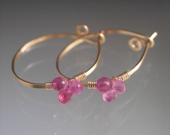 Small Pink Sapphire Hoops 14k Gold Filled Earrings