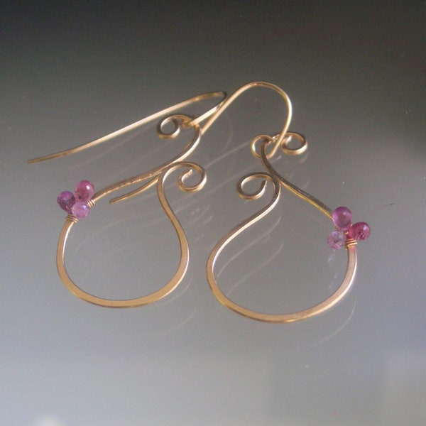 Paisley Earrings with Pink Sapphires, Minimalist Shapely 14k Gold Filled GF Dangles