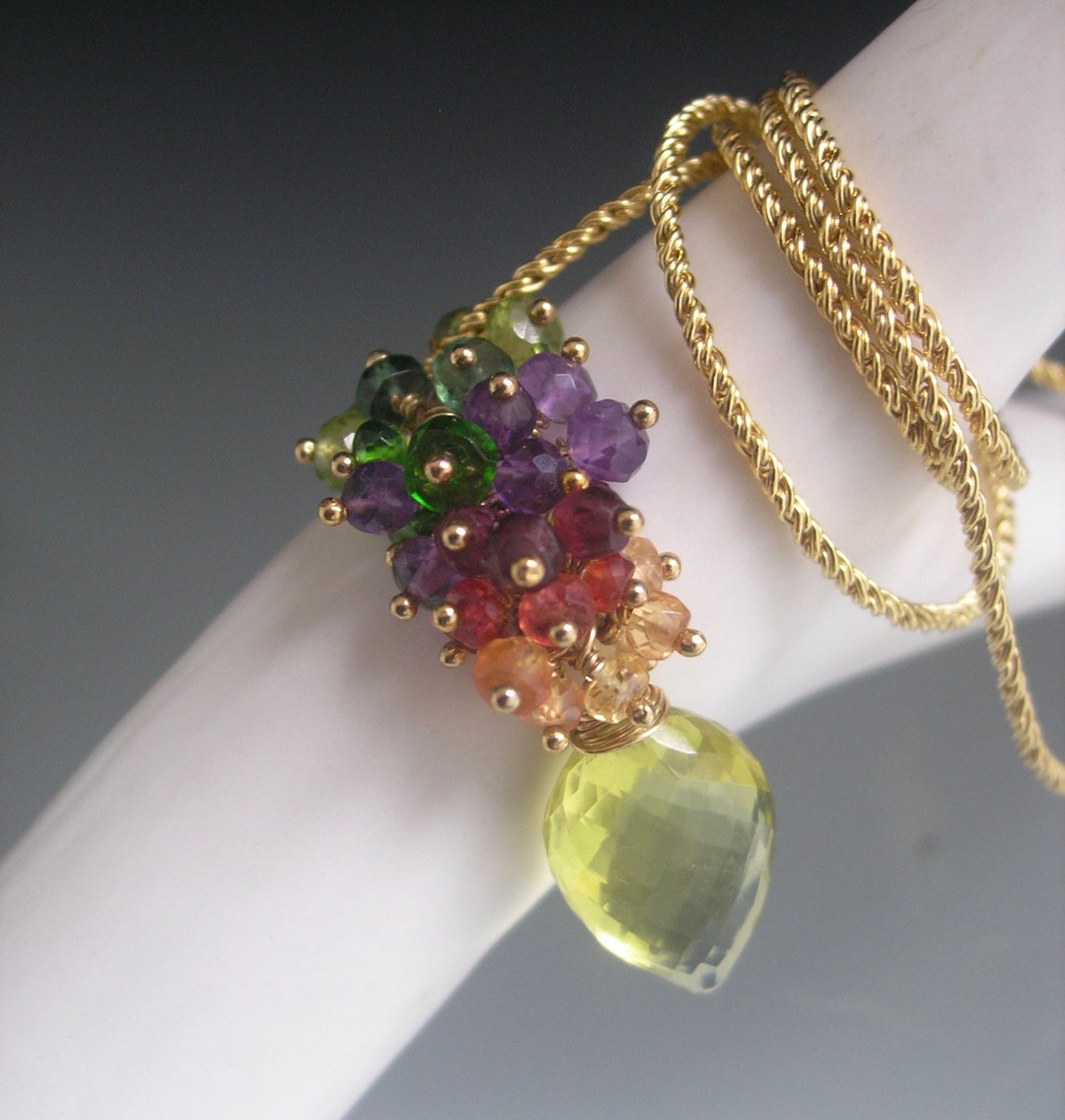 Rainbow Gemstone Cluster Pendant Gold Filled Necklace Lemon Quartz