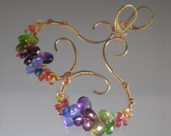 Vibrant Multi Gemstone Curvy Swirl Gold Filled Earrings Artisan Handmade Lever Backs 2 5/8”
