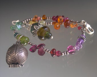 Multi Gemstone Sterling Layering Bracelet Vintage Beatles Charm Opens to the Fab Four Artisan Handmade