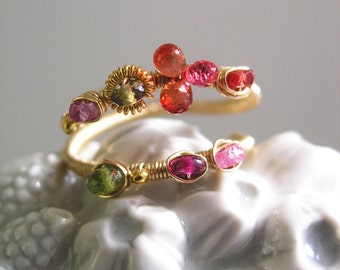 Sapphire Ring - Gold Filled Wire Wrapped Ring - Wraparound - Ruby - Vesuvianite - Artist Made - Original Design - Signature - Size 7