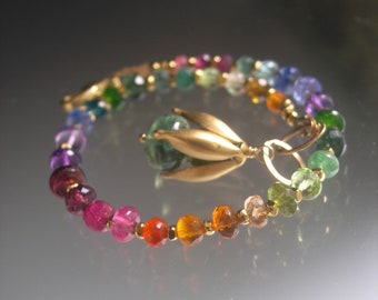 Rainbow Gemstone Vermeil Gold Bracelet Multi Gem Layering Bracelet Artisan Handmade