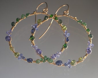 Green Blue Gemstone Hoops Sapphire Tsavorite Tanzanite 14k Gold Filled Hoop Earrings Artisan Handmde