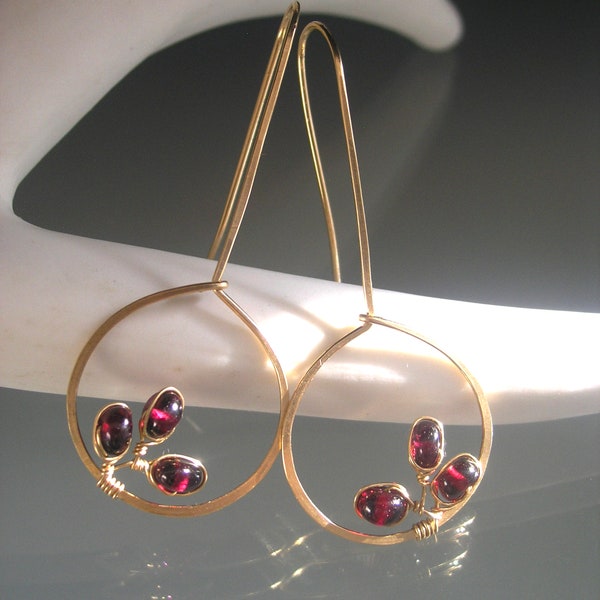 Garnet 14k Gold Filled Hand Fabricated Earrings Elongated Red Gemstone Cluster Teardrops