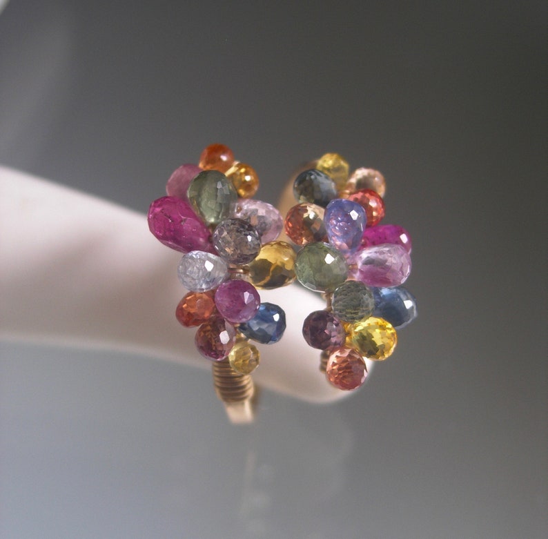 Multi Sapphire Ring 14k Gold Filled Confetti Gemstone Beaded Cocktail Ring 7.5 Artisan Handmade image 3