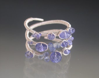Tanzanite Silver Wraparound Ring Sterling Triple Layer Cornflower Blue Sapphire Ring