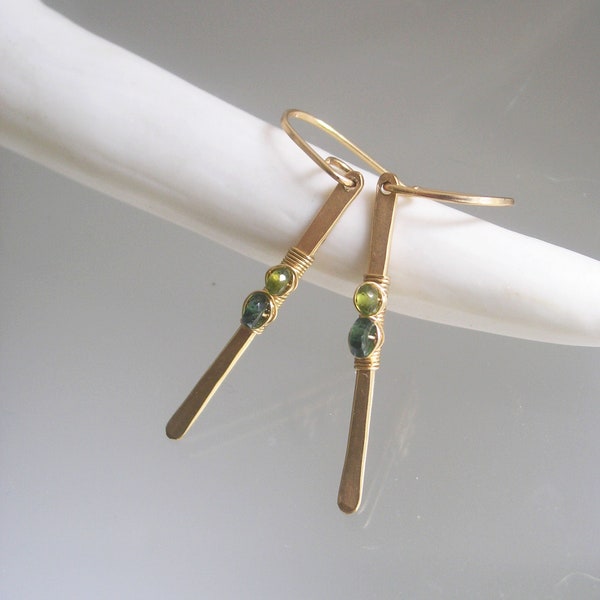 Peridot Linear Earrings Minimalist 14k Gold Filled Lightweight Green Gemstone Apatite Stem Dangles Earthy Boho Artisan Designed