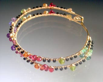 Multi Gemstone Gold Filled Hoops w/ Black Spinel Sapphire Peridot Midnight Rainbow Bellajewels