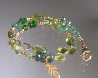 New Growth Green Gemstone Vermeil Skinny Bracelet w/ Leaf Charm  Tourmaline, Emerald, Vesuvianite, Peridot, Tsavorite Artisan Handmade