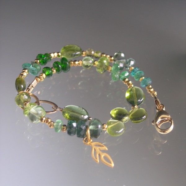 New Growth Green Gemstone Vermeil Skinny Bracelet w/ Leaf Charm  Tourmaline, Emerald, Vesuvianite, Peridot, Tsavorite Artisan Handmade