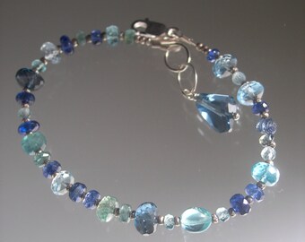 Blue Gemstone Beaded Bracelet Shades of Blue Turquoise Sterling Bracelet Apatite Kyanite Topaz Sapphire