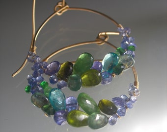 Sea Jewel Hoops Green Blue Multi Gemstone 14K Gold Filled Hoop Earrings Tanzanite Tsavorite Apatite Sapphires Artisan Handmade