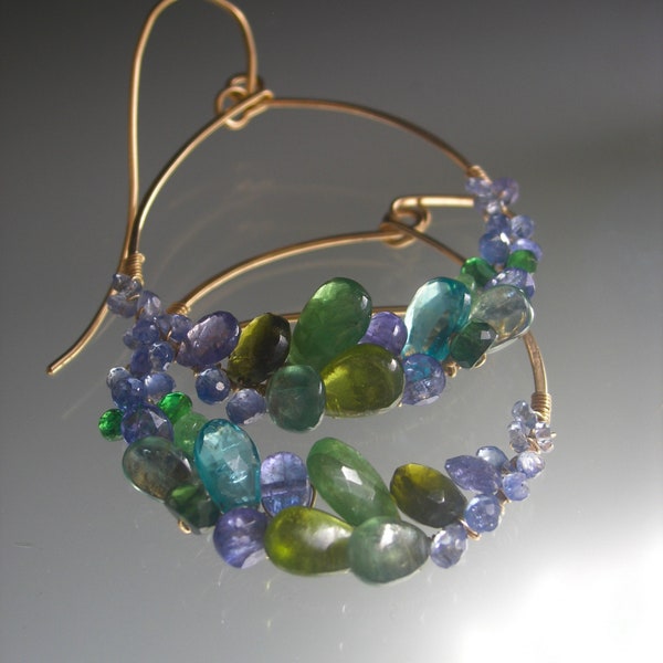 Sea Jewel Hoops Green Blue Multi Gemstone 14K Gold Filled Hoop Earrings Tanzanite Tsavorite Apatite Sapphires Artisan Handmade