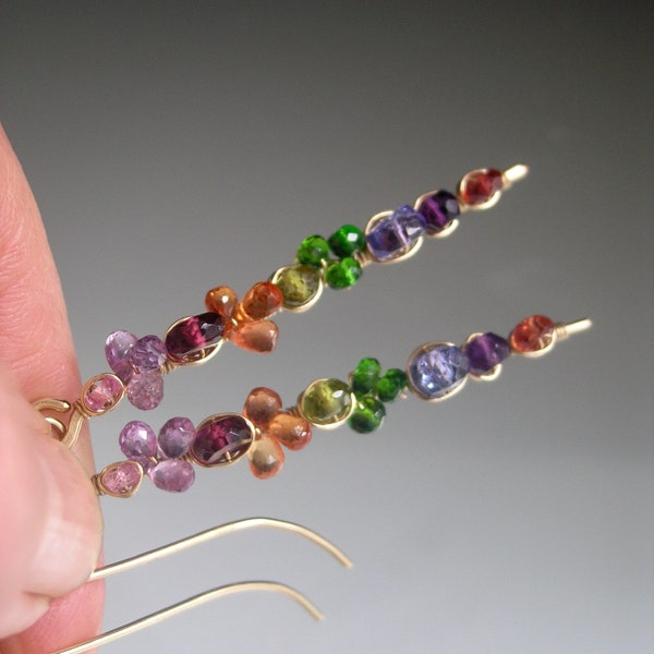 Bright Multi Gemstone 14k Gold Filled Linear Earrings Sapphire Diopside Tanzanite Lightweight Artisan Handmade Design