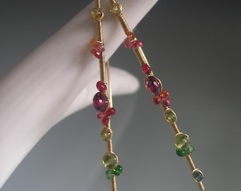 Fruity Gemstone Gold Linear Earrings 14k Gold Filled Sapphire Garnet Peridot Threaders Artisan Handmade