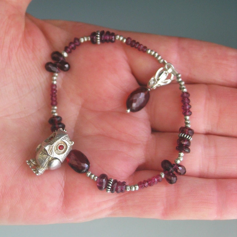 Artisan Designed Garnet Bracelet Vintage Owl Movable Charm Sterling Silver Pink Tourmaline Beaded Bracelet Bird Lover or Night Owl Gift
