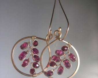 Magenta Rhodolite Garnet 14k Gold Filled Hoops 1 3/4” Pink Gemstone Wire Wrapped Vine Hoop Earrings Artisan Designed