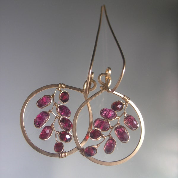 Magenta Rhodolite Garnet 14k Gold Filled Hoops 1 3/4” Pink Gemstone Wire Wrapped Vine Hoop Earrings Artisan Designed