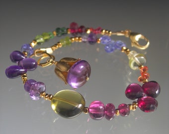 Color Drenched Multi Gemstone Beaded Bracelet Vermeil Olivine Quartz Magenta Garnet Amethyst Tanzanite Orange Sapphire Artisan Jewelry