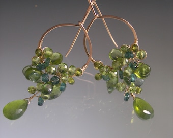 Cascading Green Gemstone Earrings, 14k Gold Filled Hoops w/ Apatite, Peridot, Tourmaline, Vesuvianite 2 1/2” Artisan Handmade