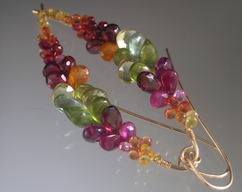 Long Multi Gemstone Earrings 14k Gold Filled Curved Earrings Sapphires Vesuvianite Peridot Spinel Artisan Handmade