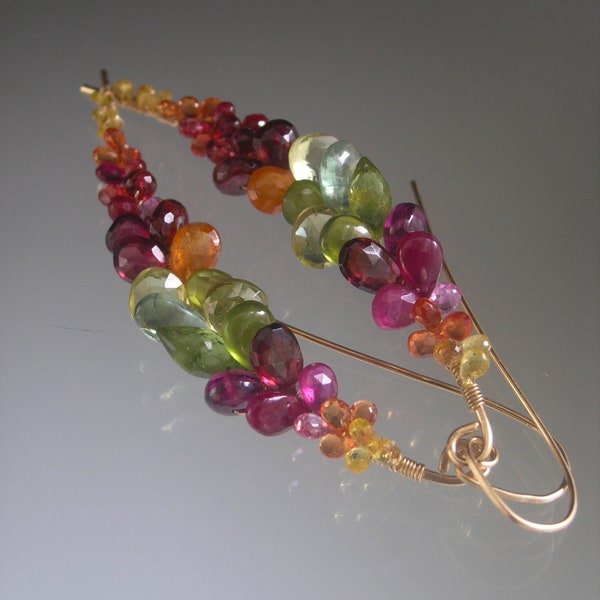 Long Multi Gemstone Earrings 14k Gold Filled Curved Earrings Sapphires Vesuvianite Peridot Spinel Artisan Handmade