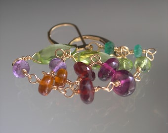 Garden Gemstones Linear Linked Earrings Peridot Emerald Magenta & Red Garnet Lever Backs 3 3/4” Artisan Handmade