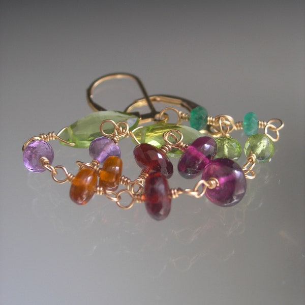 Garden Gemstones Linear Linked Earrings Peridot Emerald Magenta & Red Garnet Lever Backs 3 3/4” Artisan Handmade