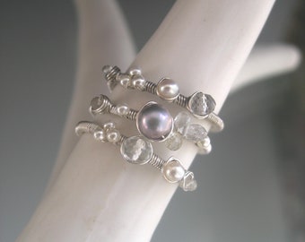 Pearl White Sapphire Triple Layer Silver Ring Wire Wrapped Gray Pearl Sterling Ring Size 8 3/4” Artisan Handmade Bridal Accessory