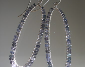Gray Blue Sapphire Sterling Oval Hoops Elongated Wire Wrapped Gemstone Front Facing Hoop Earrings Artisan Handmade