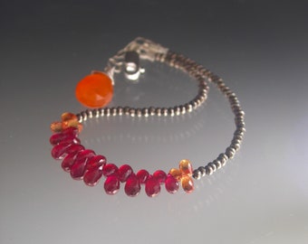 Silver Ruby Bracelet Skinny Red Ruby Orange Sapphire Layering Bracelet Carnelian Dangle July Birthstone Artisan Handmade