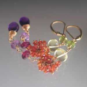 Long Multi Gemstone 14k Gold Filled Linked Earrings Orange Sapphire Clusters Magenta Garnet Amethyst Lemon Quartz Lever Backs 3 1/2 image 6