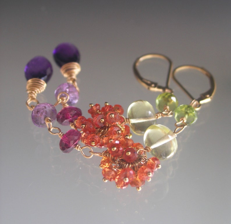 Long Multi Gemstone 14k Gold Filled Linked Earrings Orange Sapphire Clusters Magenta Garnet Amethyst Lemon Quartz Lever Backs 3 1/2 image 6