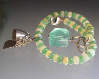 Opal Tsavorite Sterling Silver Bracelet w/ Vintage Ganesha Bell Heart Clapper Skinny & Stackable