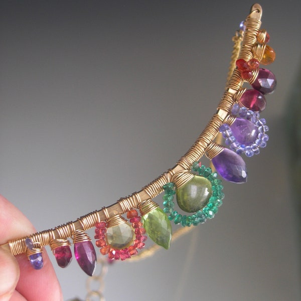 Vibrant Gemstone Curved Bar Necklace 14k Gold Filled Emerald Sapphire Peridot Garnet Wire Wrapped Fairytale Collar Artisan Designed