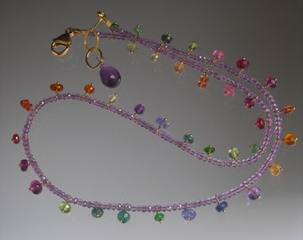 Amethyst Necklace Multi Gemstone Fringe Skinny Rainbow Confetti Necklace Sapphire Tsavorite Spinel Peridot