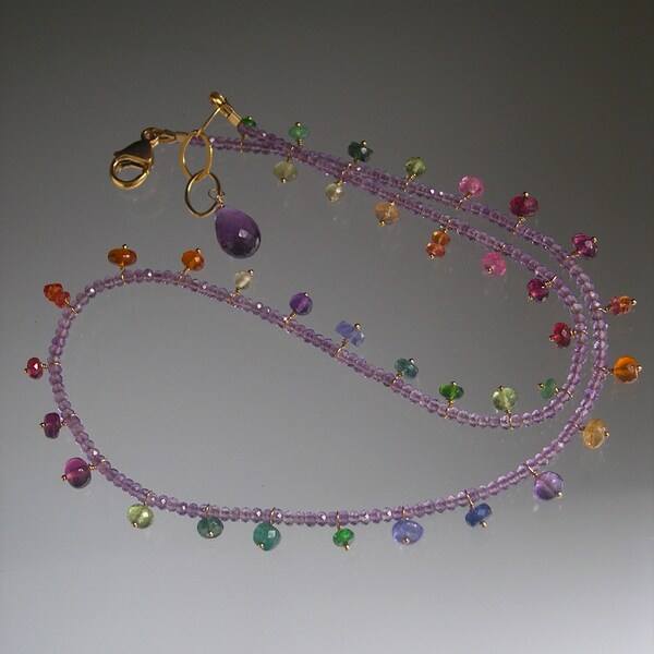 Amethyst Necklace Multi Gemstone Fringe Skinny Rainbow Confetti Necklace Sapphire Tsavorite Spinel Peridot