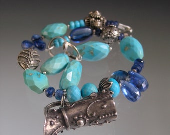 Turquoise Cobalt Kyanite Vintage Sterling Pitcher Vase Bracelet Artisan Handmade
