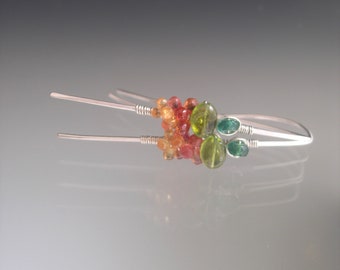 Retro Gemstone Linear Earrings Green Tourmaline Orange Sapphires Green Emerald Melon Spessartite Sterling Threaders Artisan Handmade