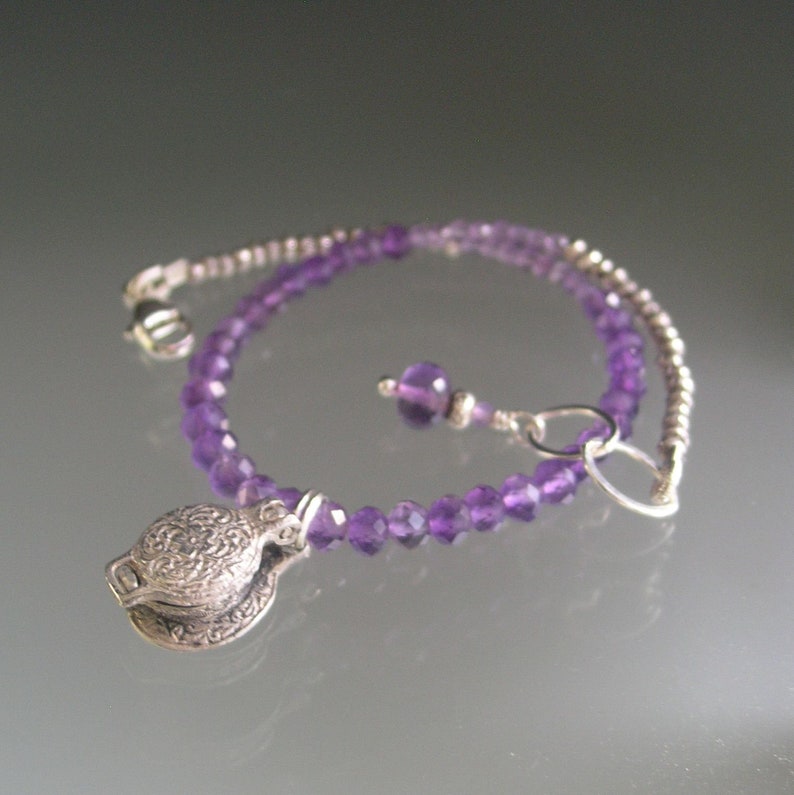 Amethyst Silver Bracelet Vintage Sterling Opening Waffle Iron Charm Skinny Purple Beaded Bracelet Baker/'s Jewelry Artisan Designed