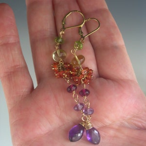 Long Multi Gemstone 14k Gold Filled Linked Earrings Orange Sapphire Clusters Magenta Garnet Amethyst Lemon Quartz Lever Backs 3 1/2 image 5