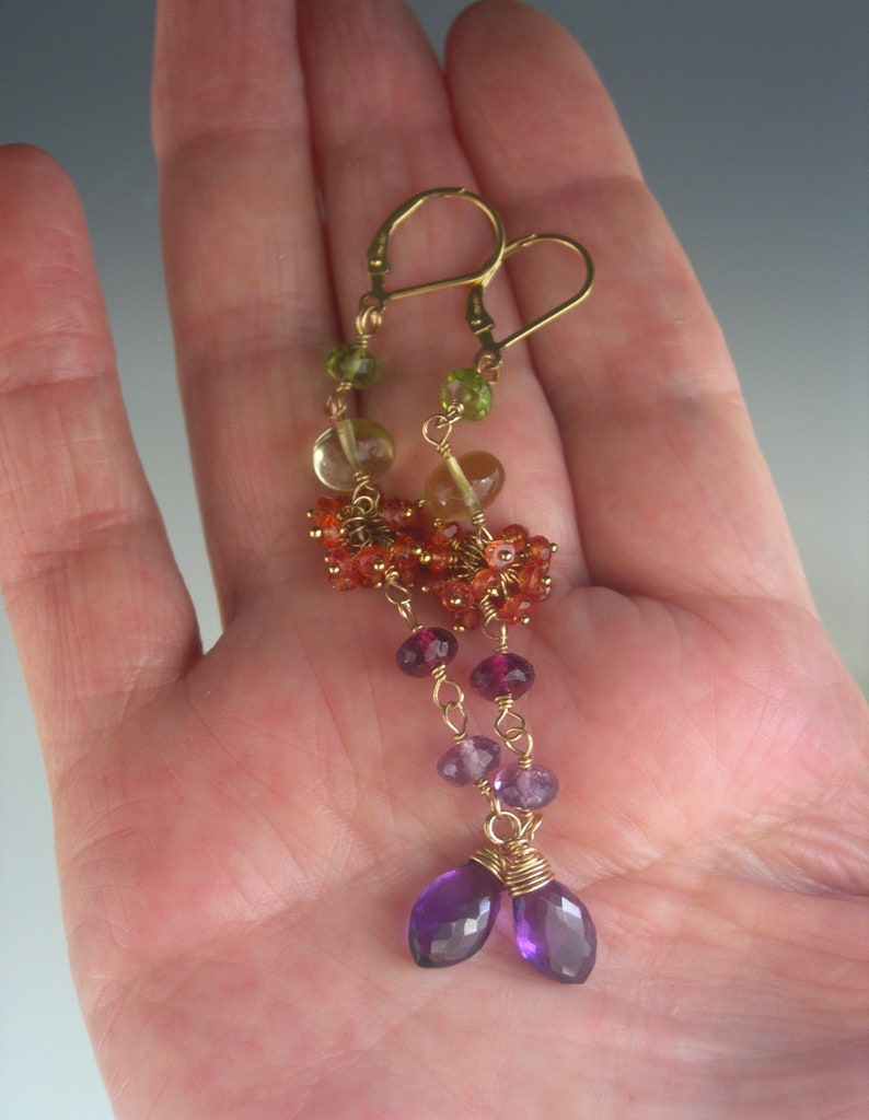 Long Multi Gemstone 14k Gold Filled Linked Earrings Orange Sapphire Clusters Magenta Garnet Amethyst Lemon Quartz Lever Backs 3 1/2 image 5