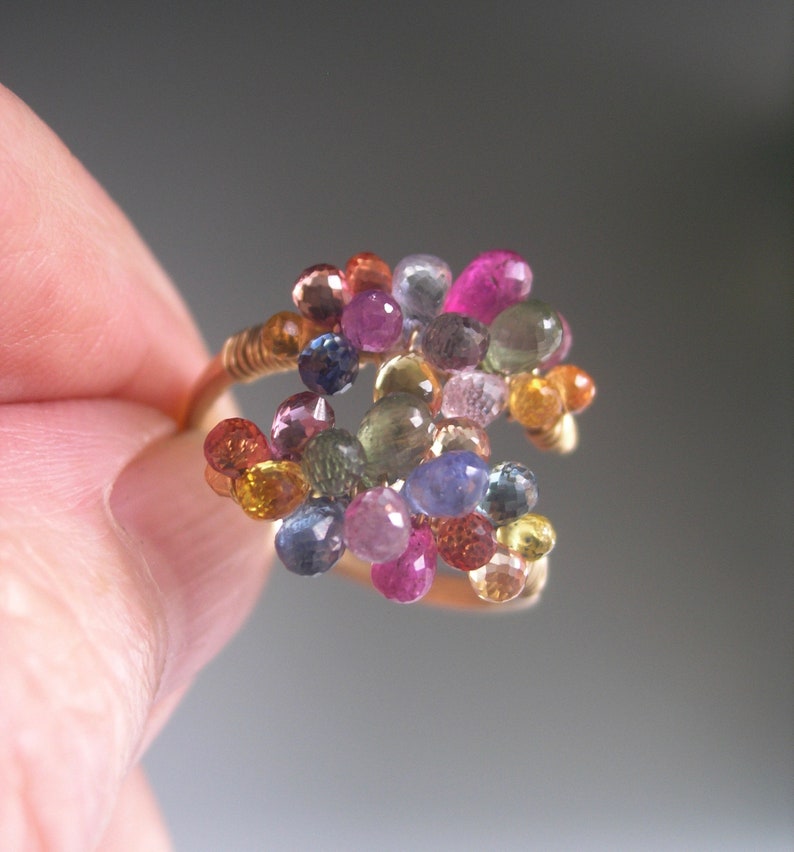 Multi Sapphire Ring 14k Gold Filled Confetti Gemstone Beaded Cocktail Ring 7.5 Artisan Handmade image 2