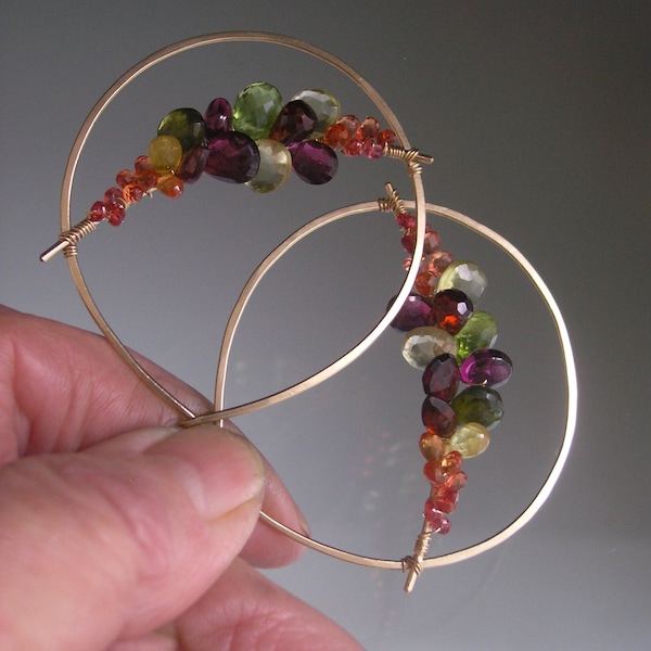 Teardrop Multi Gemstone Hoop Earrings 14K Gold Filled Gemstone Encrusted Arcs Garnet Sapphire Peridot Artisan Handmade