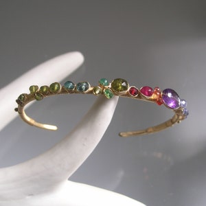 Gemstone Cuff, Rainbow Gem 14k Gold Filled Colorful Bracelet with Amethyst, Sapphire, Ruby, Artisan Made, Stackable, Mod Boheme