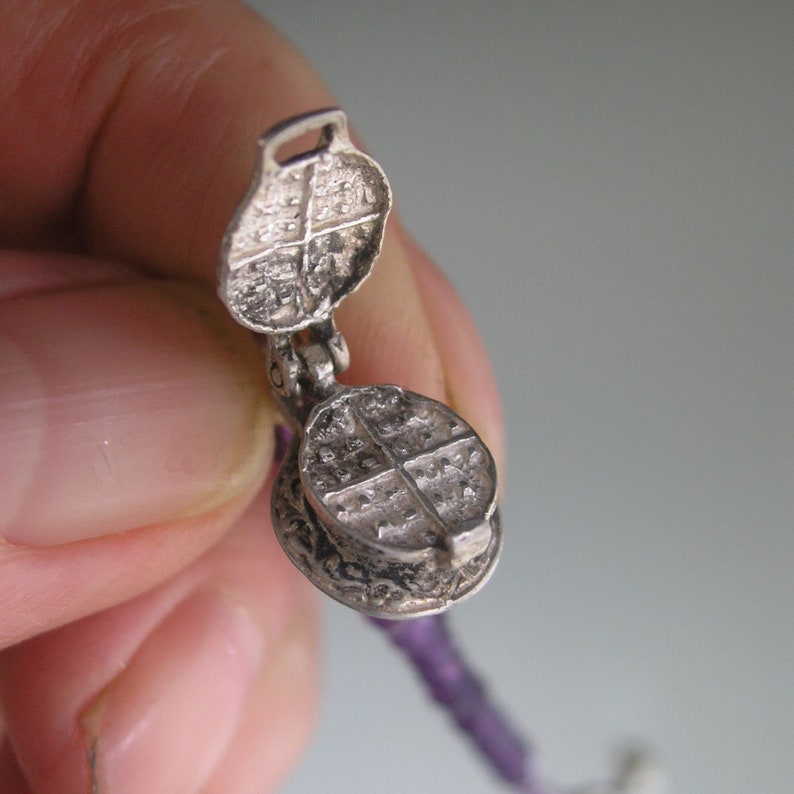 Amethyst Silver Bracelet Vintage Sterling Opening Waffle Iron Charm Skinny Purple Beaded Bracelet Baker/'s Jewelry Artisan Designed