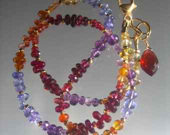 Fiery Sapphire Tanzanite Beaded Necklace Amethyst Red Spinel Orange Carnelian Garnet Skinny Choker