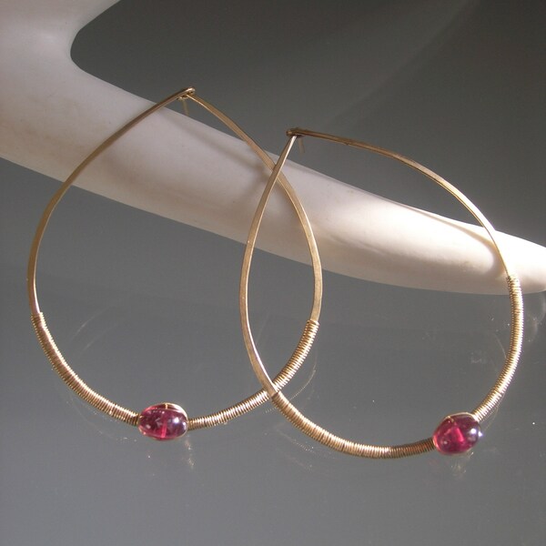 Minimalist Gold Filled Hoops, Rubellite Tourmaline Teardrop Earrings, Modern, Artisan Designed